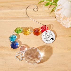 May include: Rainbow crystal suncatcher with a silver charm that says "Look for me in the rainbows Harley" with a paw print.