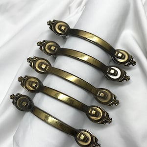 Antique brass drawer pulls dresser drawer handles set of 5 cabinet handles vintage matching shabby chic hardware rustic drawer handles