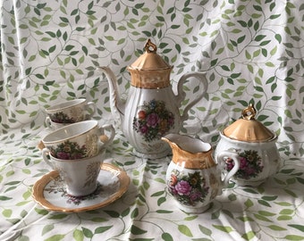 Vintage Japanese Tea set cottagecore teapot floral and gold teapot and tea set porcelain teapot and sugar bowl 1940s tea cups and saucers
