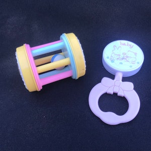 Baby Toy Rattles Nursery decor Vintage collectible toys baby gift for girl pink bunny rabbit and bear rattle plastic rolling rattle