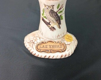 Encendedor de mesa vintage de cerámica con búho pintado a mano, recuerdos de Las Vegas, decoración vintage de búho, decoración de mesa de bar para el hogar