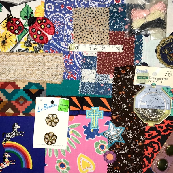 Vintage sewing grab bag sewing notions mystery bag assortment lace and fabric bundle junk journal supplies embroidery mixed fabric scraps