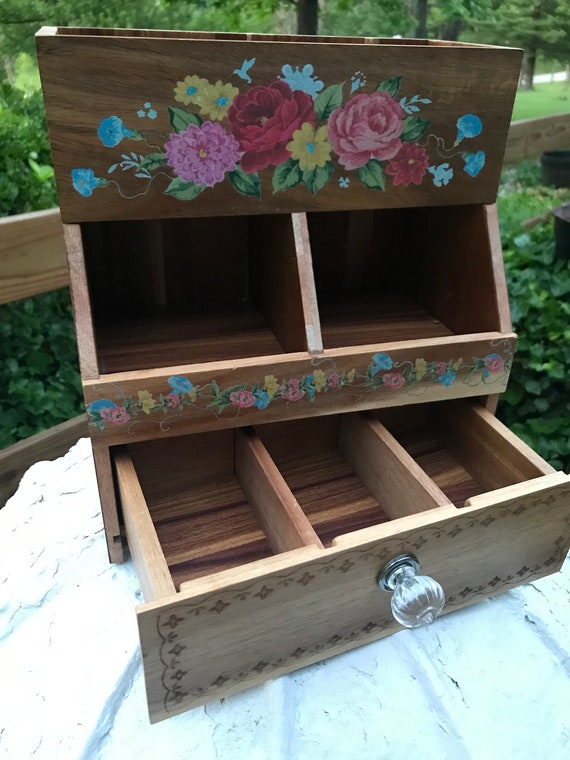 Vintage wooden organizer divided decorative box fl