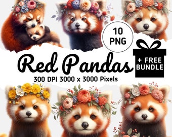 Red Panda Clipart: Floral Headband, Wildlife Illustrations (PNG Digital Download)