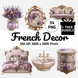 Clipart de decoração de inspiração francesa - Camas ornamentadas, bacias, banheiras, retratos PNG, detalhes florais roxos elegantes para download digital