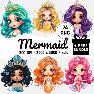Watercolor Mermaid Clipart for Girl Bedroom Decor, Cute Mermaid Clipart Printables for Mermaid Birthday Party, Mermaid PNG for Scrapbooking