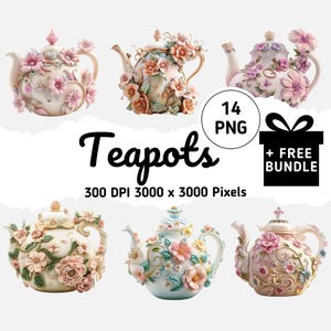 Könnte beinhalten: Satz von sechs verzierten Teekannen mit Blumendesigns. Jede Teekanne ist mit aufwendigen Details und Pastellfarben verziert. Die Teekannen sind 3000 x 3000 Pixel groß und haben 300 DPI.