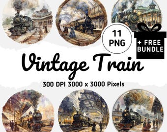 ビンテージ列車のクリップアート：水彩画風機関車のPNG画像（デジタルダウンロード）