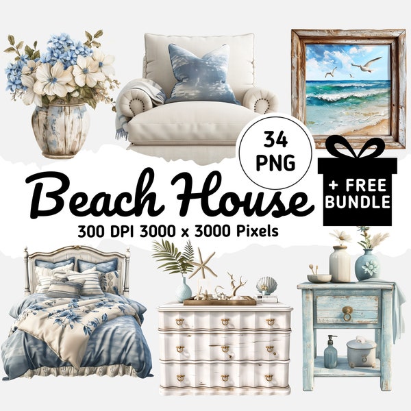 34 Nautical Beach House Clipart Designs, Elegant Seaside Decor, Furniture & Florals inspired by the ocean, 300 DPI, PNG, Home Decor Clipart