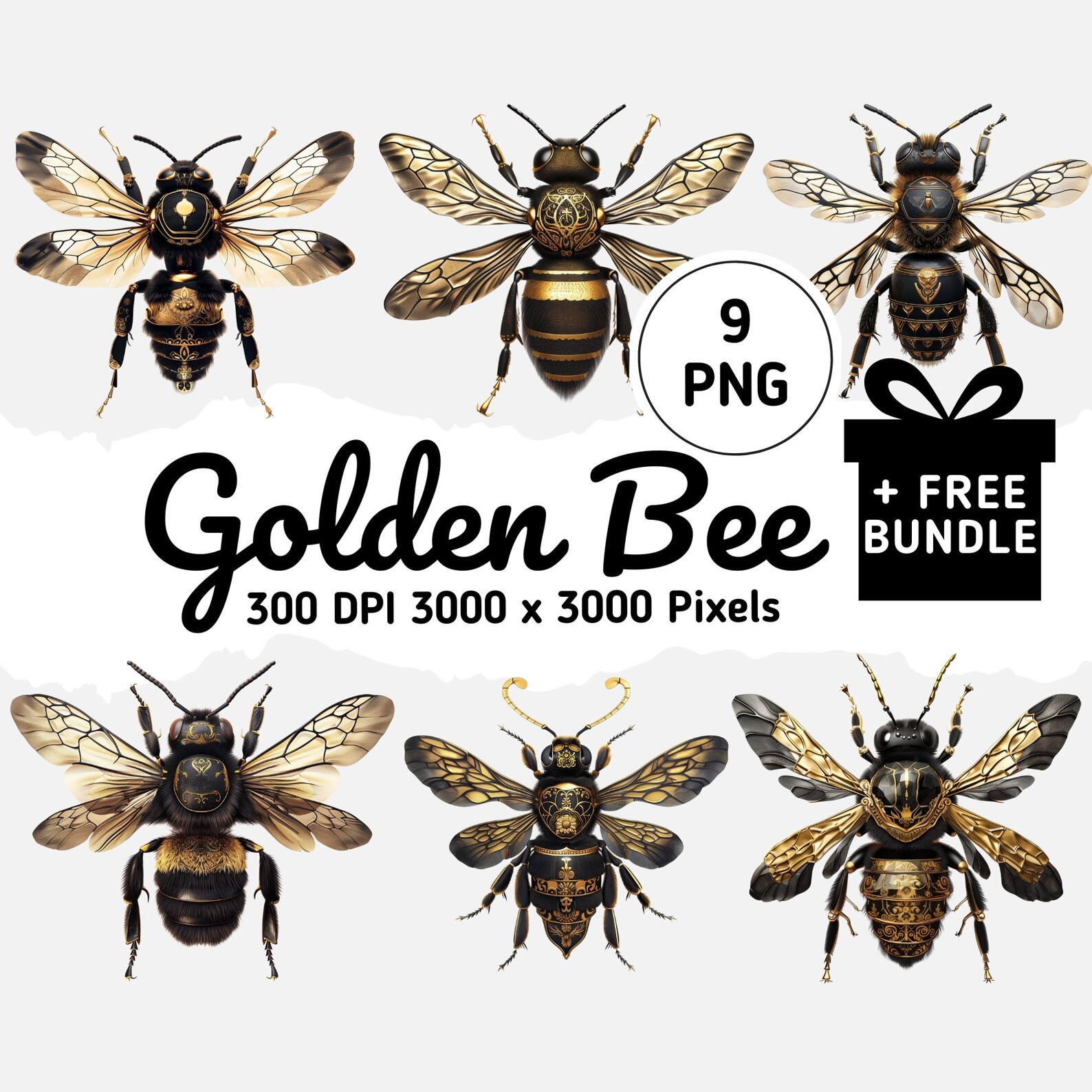 Black and Gold Bee Clipart Collection - Top-down Detailed Bees PNG ...