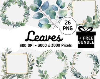May include: A set of 26 watercolor illustrations of green leaves and branches, including wreaths and frames. The illustrations are 3000 x 3000 pixels and 300 DPI.  The text "Leaves" and "26 PNG" are included in the image.