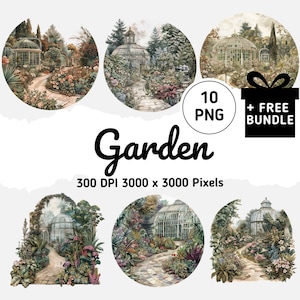 Weelderige tuin aquarel clipart-10 serene scènes met bloemen en kassen png, prachtige route kunst, digitale download voor decor
