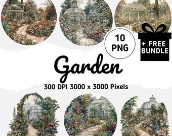 May include: Ten digital illustrations of lush green gardens with glass greenhouses. The images are 3000 x 3000 pixels and 300 DPI.  The images are perfect for creating digital art, scrapbooking, and other creative projects.