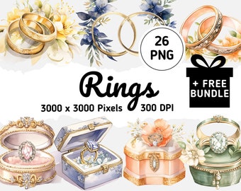 Watercolor Ring Clipart Collection, 26 Wedding and Engagement Rings, Floral Detail, Pastel Box, Perfect for Invitations and Wedding Crafts