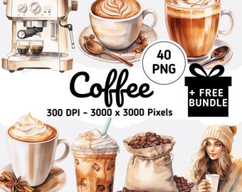 Watercolor Coffee Clipart: 40 PNG Coffee Lover Designs (Digital Download)