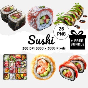 Realistische Sushi Clipart Sammlung - 26 lebendige Sushi PNGs, leckeres Food Art, digitaler Download für Menüs, Dekor & Scrapbooking