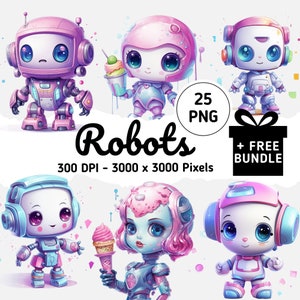 Kawaii Robot Clipart Collection - 25 Cute Clipart Elements with Transparent background, Cute Robot Illustrations, Scrapbooking, Sublimation