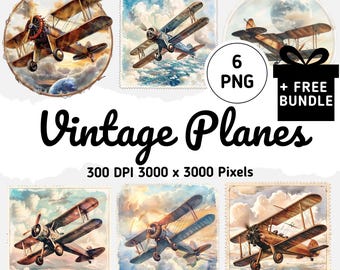 Vintage Airplane Clipart: Watercolor Plane PNGs (Digital Download)