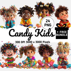 Clipart animado de crianças com doces - Crianças diversas no estilo Pixar, ilustrações divertidas e divertidas de açúcar, imagens PNG coloridas para download
