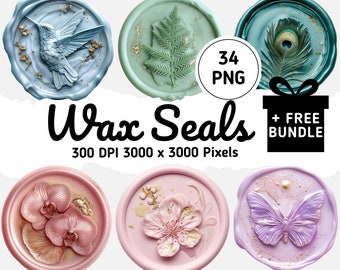 Pastel Wax Seal Clipart Collection, 34 Scrapbooking Elements, Floral, Bird, Butterfly Motifs, Gold Accents, 300dpi, Transparent Backgrounds