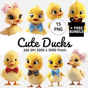 Adorable clipart canard jaune duveteux - 15 bébés canards mignons avec des noeuds et des cravates, charmant caneton PNGs pour chambre d'enfant, téléchargement numérique
