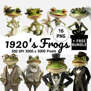 1920er Jahre Mode Frosch Clipart Cartoon-Stil, lustige Frösche Aquarell Clipart, Vintage Dress-Up, Frosch png für Aufkleber, hochauflösende PNG, 300 dpi