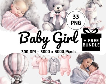 Pink Baby Shower Clipart Bundle: Watercolor Girl Decor (Digital Download)