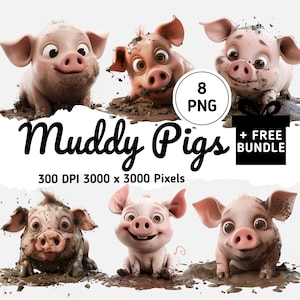 Niedliche Schlammschweinchen-Clipart, Cartoon-Babyschweinchen, die im Schlamm spielen, animierte Gesichter im Pixar-Stil, hochauflösendes PNG, perfekt für Kinder und Bastelarbeiten, 300 dpi
