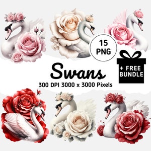 Clipart élégant de cygne avec des couronnes florales - gracieux cygnes en rouge, rose, crème PNG, illustrations d'oiseaux très détaillées pour téléchargement numérique