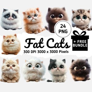 24 Chubby Cat Clipart Collection, Adorable Fluffy Fat Cats with Big Eyes PNG, Cartoon Cat Illustrations, Cute Cat Art for Digital Download