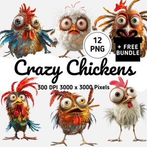 Collection de cliparts poulet drôle - 12 poulets à l'air fou avec des plumes et des yeux en désordre, animaux de la ferme humoristiques PNG pour téléchargement numérique