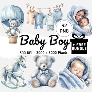 Baby Shower Boy Clipart Bundle, It's a boy, Balloons, Bunting Flag, Teddy Bear, Baby Clothes, Watercolor baby boy clipart, baby shower decor