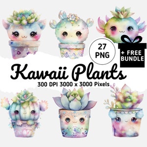 27 Kawaii Succulent Plant Clipart Collection, Cute Playful Multicolored Succulents PNG, Cute Cacti, Cartoon Plants, Digital Download