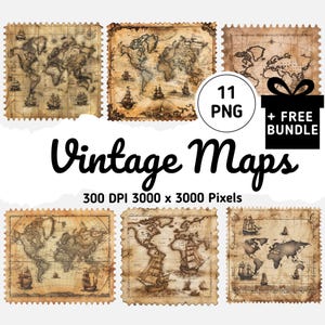 Vintage Aged Map Clipart Collection - 11 Old World & Treasure Maps PNG, Worn Brown Paper Style, Historical Map Art for Digital Download