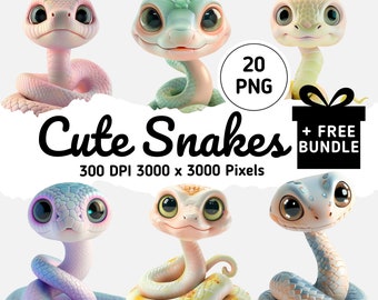May include: A set of 20 digital illustrations of cute cartoon snakes in various colours and poses. The snakes have large eyes and are depicted in a playful and whimsical style. The images are 300 DPI and 3000 x 3000 pixels.