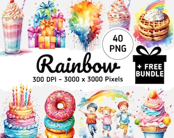 Rainbow Birthday Clipart: Watercolor Party Decorations (Digital Download)