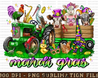 Mardi Gras tractor png sublimation design, Mardi Gras Cow, fleur de lis png, Mardi Gras Farm Animals png, Mardi Gras png, sublimate download