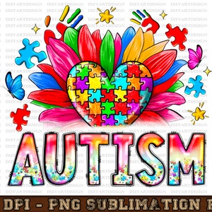May include: A colorful graphic design featuring a heart made of puzzle pieces surrounded by a flower with rainbow petals. The word "AUTISM" is written in rainbow letters with puzzle pieces scattered around the letters.