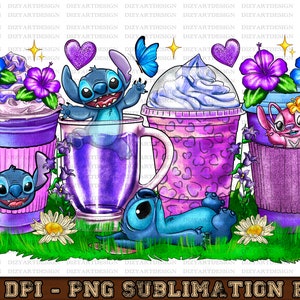 Stitch coffee cups png sublimation design download, hand drawn Stitch png, cute Stitch png, coffee love png, sublimate designs download