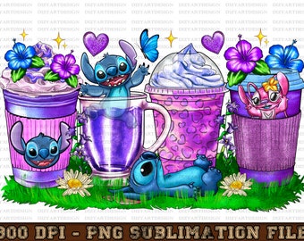 Stitch coffee cups png sublimation design download, hand drawn Stitch png, cute Stitch png, coffee love png, sublimate designs download