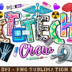 Puede incluir: Un diseño gráfico colorido con el texto "CTECH Crew" en una variedad de fuentes y colores. El diseño incluye símbolos médicos, como un estetoscopio, un cerebro, un corazón, una jeringa y una máquina de ECG. El diseño es perfecto para un profesional médico o alguien que trabaja en la industria de la salud.