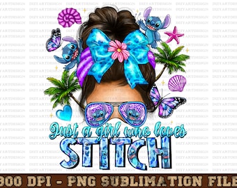 Just A Girl Who Loves Stitch Messy Bun Png Sublimation Design, Messy Bun Png, Stitch Png, Girl Png, Sublimate Designs Download
