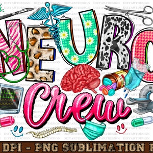 Puede incluir: Un dise&ntilde;o gr&aacute;fico colorido con el texto "Neuro Crew" en rosa, verde, azul y negro. El dise&ntilde;o incluye s&iacute;mbolos m&eacute;dicos, un cerebro, p&iacute;ldoras, un estetoscopio, un monitor de ritmo card&iacute;aco, una columna vertebral y una mascarilla.