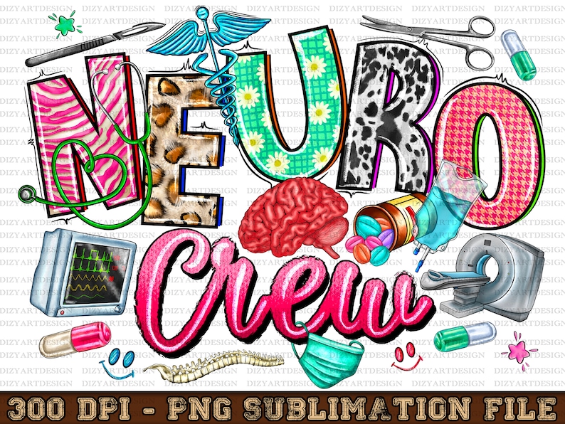 Puede incluir: Un dise&ntilde;o gr&aacute;fico colorido con el texto "Neuro Crew" en rosa, verde, azul y negro. El dise&ntilde;o incluye s&iacute;mbolos m&eacute;dicos, un cerebro, p&iacute;ldoras, un estetoscopio, un monitor de ritmo card&iacute;aco, una columna vertebral y una mascarilla.