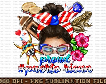 May include: A digital illustration of a woman with a red, white, and blue headband, sunglasses, and a  "proud #puertorican" message. The image includes other Puerto Rican symbols like a frog, a hibiscus flower, and a maraca.