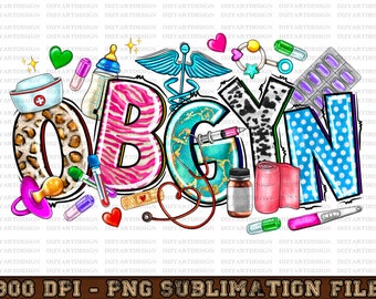 Könnte beinhalten: Eine bunte Illustration des Wortes "OBGYN" mit verschiedenen medizinischen und babybezogenen Symbolen, die die Buchstaben umgeben. Die Buchstaben sind mit Tierprint, Punkten und Streifen verziert. Zu den Symbolen gehören ein Stethoskop, eine Spritze, eine Babyflasche, ein Schnuller, ein Thermometer und ein Schwangerschaftstest.