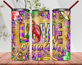 Love Crawfish Mardi Gras Png, 20 oz skinny tumbler png sublimation design download, crawfish tumbler wrap, Mardi Gras  20 oz tumbler designs
