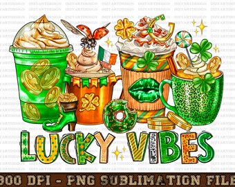 Retro Lucky Vibes Coffee PNG, St. Patrick's Day PNG, Lucky Png, Clover Png, Shamrock Png, Sublimation Designs, Digital Download, Png File