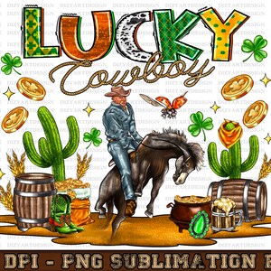 Lucky Cowboy Png, howdy go lucky png sublimation, western st Patrick’s day png, cowgirl western designs, st patricks day design retro png