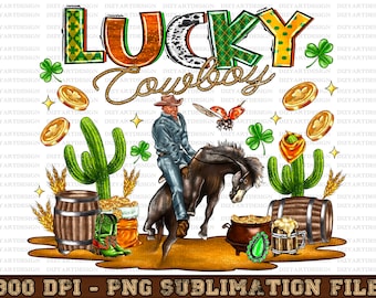 Lucky Cowboy Png, howdy go lucky png sublimation, western st Patrick’s day png, cowgirl western designs, st patricks day design retro png